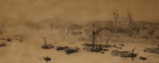 William Lionel Wyllie (1851-1931), etching, Firing the Royal Salute at the Tower of London, signed in pencil, 16 x 37cm